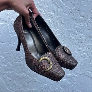Stuart Weitzman Brown Croc-Embossed Heels with Gold Accent